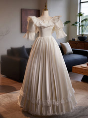 Vintage White Satin Lace Puff Sleeve Wedding Dresses