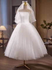 Vintage White Tulle Off the Shoulder Pearls Wedding Dresses