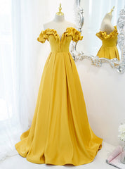 Vintage Yellow Satin Off the Shoulder Prom Dresses