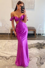 Violet Flutter Sleeve Cutout Mermaid Prom Dresses Fitted Gown