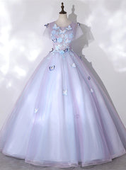 Violet Tulle Short Sleeve Appliques Quinceanera Dresses