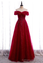 Burgundy Lace Long Prom Dresses, A-Line Off the Shoulder Evening Dresses