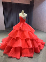 Watermelon Red Tulle Tiers Pleats Crystal Prom Dresses