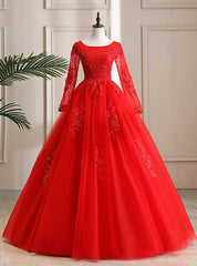 Wear a Classic Red Tulle Lace Appliques Long Sleeve Beading Quinceanera Dresses