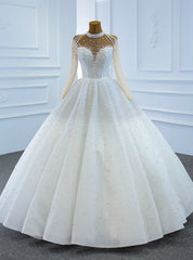 Whether You Are Looking For White High Neck Long Sleeve Tulle Pearls Floor Length Wedding Dresses