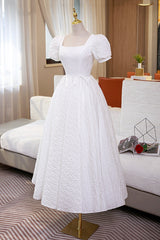 White A-Line Homecoming Dress, Cute Short Sleeve Evening Dress