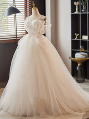 White A-Line Sweetheart Neck Lace Tulle Long Prom Dresses, White Long Formal Dresses