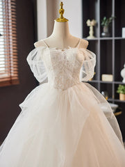 White A-Line Sweetheart Neck Lace Tulle Long Prom Dresses, White Long Formal Dresses