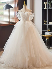 White A-Line Sweetheart Neck Lace Tulle Long Prom Dresses, White Long Formal Dresses