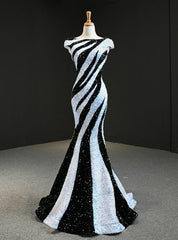 White And Black Mermaid Sequins Cap Sleeve Prom Dresses