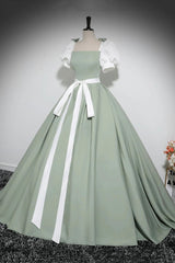 White and Green Floor Length Prom Dresses, Lovely A-Line Short Sleeve Evening Party Dresses