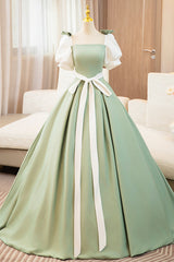 White and Green Long Prom Dresses, Lovely A-Line Short Sleeve Evening Party Dresses