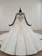 White Ball Gown Lace Appliques High Neck Beading Crystal Wedding Dress