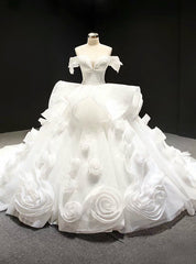 White Ball Gown Off the Shoulder Organza Luxury Wedding Dresses