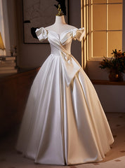 White Ball Gown Pleats Satin Off the Shoulder Wedding Dress