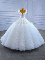 White Ball Gown Puff Lace Sequins Tiers Wedding Dresses