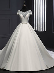 White Ball Gown Satin Cap Sleeve With Beading Wedding Dress