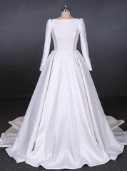 White Ball Gown Satin Long Sleeve Backless Wedding Dresses