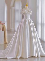 White Ball Gown Satin Off the Shoulder Flower Wedding Dress