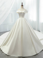 White Ball Gown Satin Off The Shoulder Wedding Dresses With Long Train