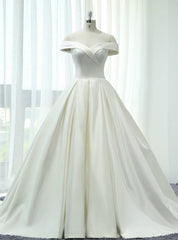 White Ball Gown Satin Off The Shoulder Wedding Dresses With Train