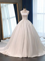 White Ball Gown Satin Straps Sleeveless Wedding Dresses With Train