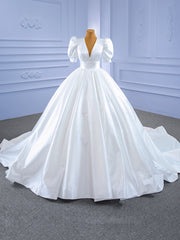 White Ball Gown Satin V-neck Puff Sleeve Wedding Dresses