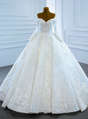 White Ball Gown Sequins Off the Shoulder Long Sleeve Beading Wedding Dresses