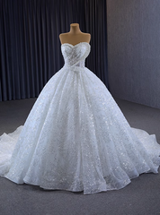 White Ball Gown Sequins Sweetheart Pearls Wedding Dresses