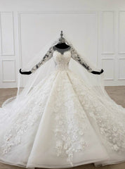 White Ball Gown Tulle 3D Appliques Long Sleeve Wedding Dresses With Veil