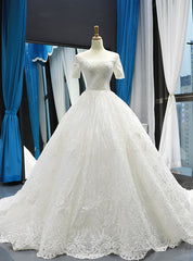 White Ball Gown Tulle Appliques Short Sleeve Wedding Dresses With Train