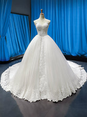 White Ball Gown Tulle Appliques Sweetheart Wedding Dresses With Beading