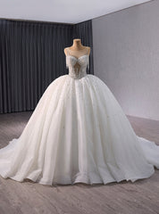 White Ball Gown Tulle Beading Luxury Wedding Dress