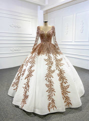 White Ball Gown Tulle Gold Sequins Appliques V-neck Prom Dresses