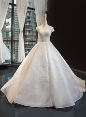 White Ball Gown Tulle Lace Cap Sleeve Luxury Wedding Dresses