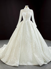 White Ball Gown Tulle Long Sleeve High Neck Pearls Wedding Dresses