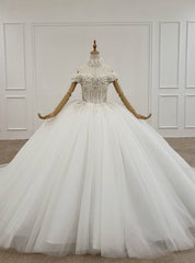 White Ball Gown Tulle Off the Shoulder Appliques Beading Wedding Dresses