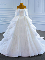 White Ball Gown Tulle Off the Shoulder Long Sleeve Beading Wedding Dresses