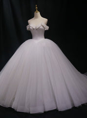 White Ball Gown Tulle Off the Shoulder Pearls Wedding Dresses