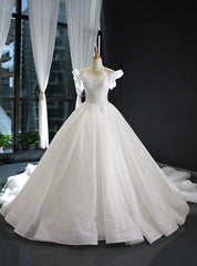 White Ball Gown Tulle Sequins Appliques Backless Wedding Dresses