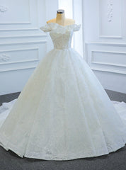 White Ball Gown Tulle Sequins Off the Shoulder Wedding Dresses