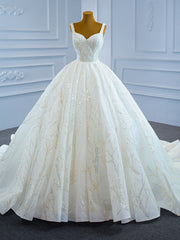 White Ball Gown Tulle Sequins Straps Wedding Dresses