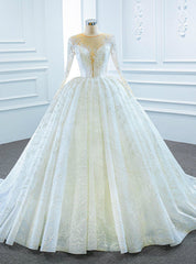 White Ball Gown Tulle Seuqins Long Sleeve Wedding Dress