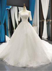 White Ball Gown Tulle Short Sleeve Backless Wedding Dresses With Beading