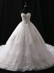 White Ball Gown Tulle Sweetheart Train With Crystal Wedding Dress