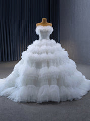 White Ball Gown Tulle Tiers Sequins Wedding Dresses