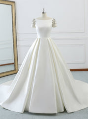 White Bateau Short Sleeve Satin Backless Wedding Dresses With Long Train