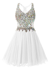 White Chiffon Crystal Homecoming Dresses