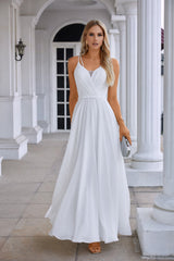 White Chiffon Prom Dresses Surplice Neck A-Line Long Evening Dress with Spaghetti Straps