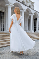 White Chiffon Prom Dresses V-Neck Chiffon A-Line Sequin Floor Length Long Dresses with Flared Sleeves